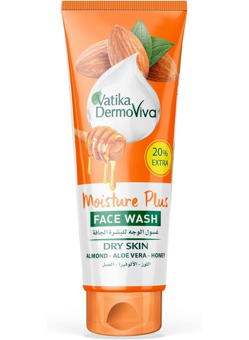 Vatika Dermoviva Moisture Plus Facewash (50mL + 10mL) | Natural Extract of Almond, Aloe Vera and Honey | Helps Dry Skin